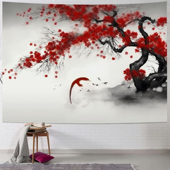 Creowell Japanese Tapestry Asian Red Plum Blossom Flower Branch Spring bloom Koi Oriental Traditional Chinese Ink Painting Zen Garden Wall Hanging Bedroom Living Room 40x30inch