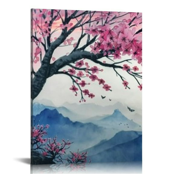 Creowell  Japanese Wall Art Cherry Blossom Tree Pictures for Wall Decorations Pink Wall Decor Floral Wall Pictures for Bathroom Canvas Art for Bedroom Framed 12x16 in