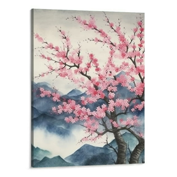 Creowell Japanese Wall Art Cherry Blossom Tree Pictures for Wall Decorations Pink Wall Decor Floral Wall Pictures for Bathroom Canvas Art for Bedroom Framed 16x20 Inch