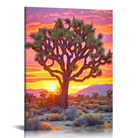 Creowell Joshua Tree Sunset Canvas Wall Art Southwestern National Park California Desert Natural Scenery Pictures Poster Artwork Framed for Living Room Bedroom Wall Decor 16x20 in/12x16 in