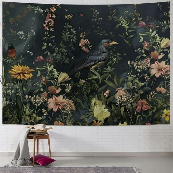 Creowell  Jungle Garden Flowers Birds Tapestry, Dark Natural Plant Floral Tapestry Tropical Botanical Aesthetic Wall Hanging for Bedroom Living Room College Dorm Home Office Poster  40x30inch