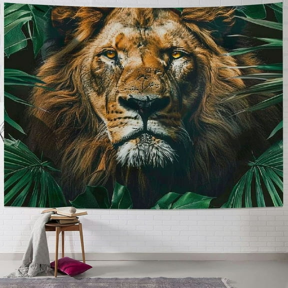 Creowell Jungle Lion Tapestry Wall Hanging Tropical Forest Green Plant and Animal Aesthetic Tapestry for Bedroom Living Room Wild Life Hanging Backdrop for Home Office Dorm 60x50inch