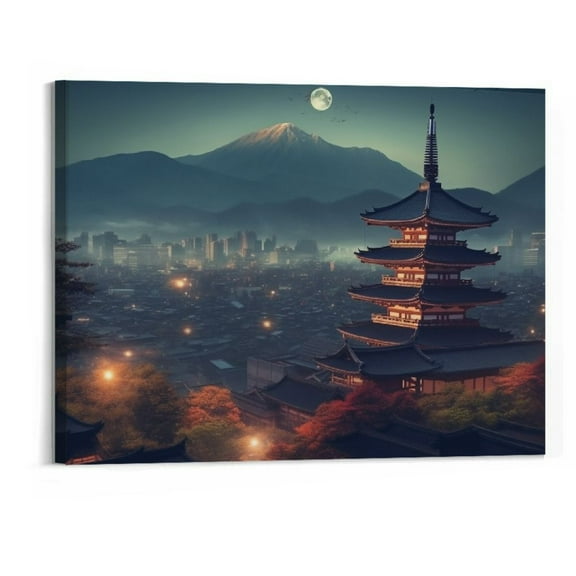 Creowell Kyoto Mural of Japanese Landscape Poster Vintage Japanese Architecture Poster Canvas Art Poster and Wall Art Picture Print Modern Family Bedroom Decor Frame 20x16 Inch