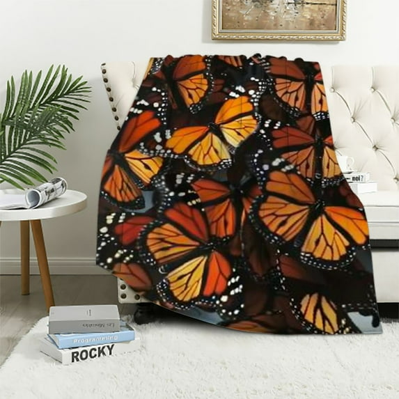 Creowell LIVE & LOVE Micro Blanket Throw Blanket Monarch Butterflies Print Ultra-Soft Fuzzy Cozy Warm Fluffy Plush Blanket for Bed Couch Chair Living Room Fall Winter Spring White