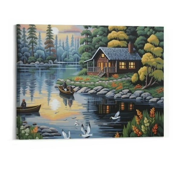 Creowell Lake Landscape Picture - Cabin Lakeside Oil Painting Pictures Wall Art - Sunset By The Lake Canvas Wall Decor-Artwork for Bathroom Bedroom Living Room (20x16 Inch)