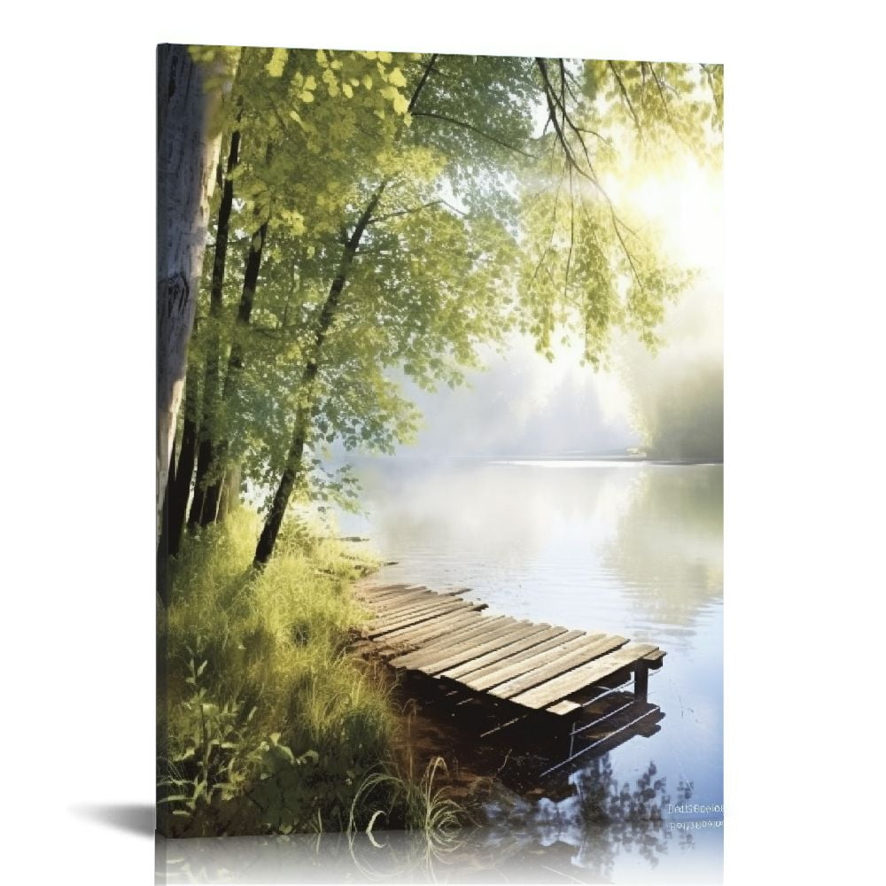 Creowell  Lake Landscape Wall Art Canvas: Modern Nature Sunrise Scene Picture Print Vertical Pier View Painting Artwork for Living Room Bedroom Decor 16x20 in/12x16 in