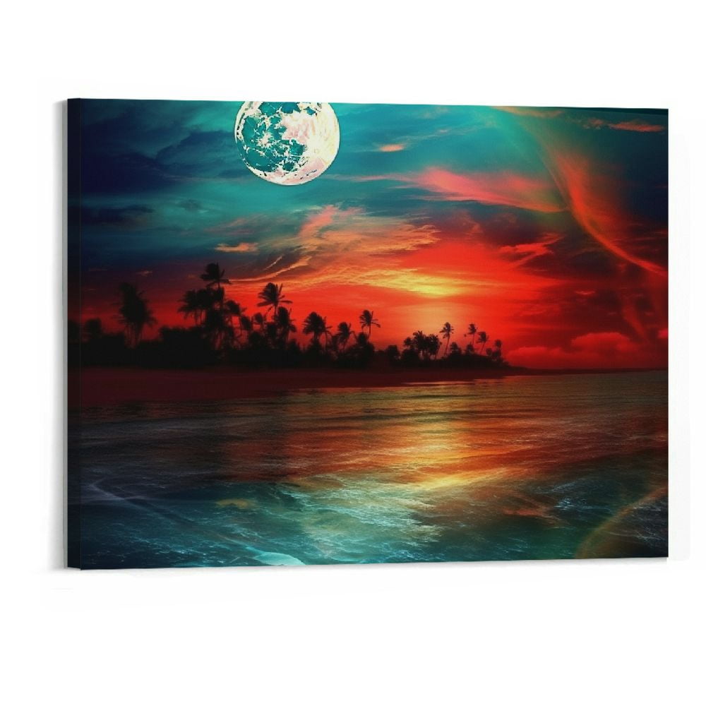 Creowell Landscape Canvas Wall Art Teal Seascape Night Moon Ocean Sky ...