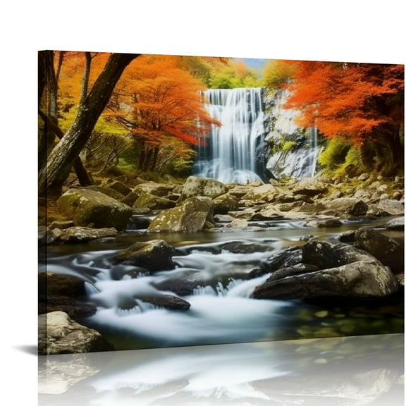 Creowell  Landscape Canvas Wall Art Waterfall Nature Forest Scenery Painting, Modern Scene Artwork Mountain Scenery Picture Framed for Living Room Bedroom Home Office Decor 20x16 in/16x12 in