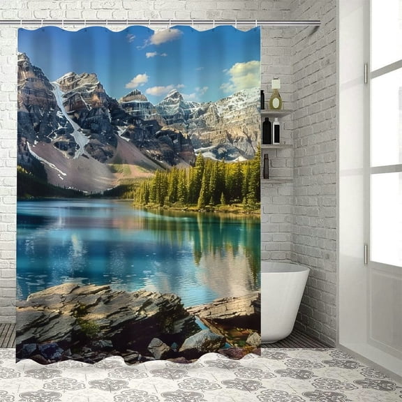 Creowell  Landscape Shower Curtain, Idyllic View of Moraine Lake at Sunset in Canadian Rocky Mountain Range Picture, Cloth Fabric Bathroom Decor Set with Hooks,  Aqua Taupe Grey White