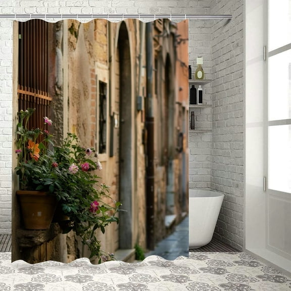 Creowell  Landscape Shower Curtain, Street Wine Old House in Italy Tuscany Street Floral Details Blurred Background, Cloth Fabric Bathroom Decor Set with Hooks, Pale Brown White
