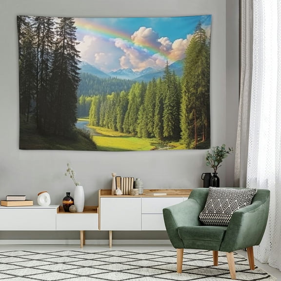 Creowell Landscape Tapestry, Riverside Flowing Mountain with Towering Pine Trees and Rainbow Clouds Sunny Day, Wall Hanging Wall Decor, Hunter Green 60x40 Inch 60x40in