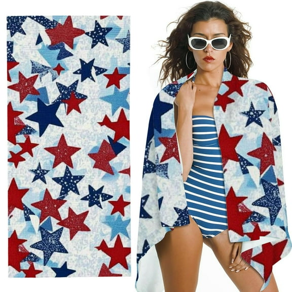 Creowell Large Oversized Beach Towel Red White Blue Stars Print 30x60in