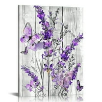 Creowell  Lavender Flower Wall Art Purple Butterfly with Floral Canvas Wall Art for Bedroom Rustic Grey Plank Painting Wood Framed Prints Wall Decor for Living Room Bathroom,16x20 in/12x16 in