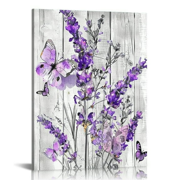 Creowell Lavender Flower Wall Art Purple Butterfly with Floral Canvas Wall Art for Bedroom Rustic Grey Plank Painting Wood Framed Prints Wall Decor for Living Room Bathroom,16x20 in/12x16 in