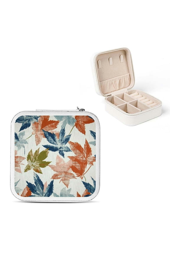 Leaf Pattern Jewelry Box for Necklace, Ring, Earring - Bridesmaid Gift and Travel Essential, Compact Size, Multiple Storage Spaces, Zipper Closure, Ideal for Organizing Jewelry White