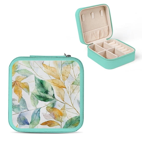 Creowell Leaf Pattern Watercolor Jewelry Box Travel Organizer Green