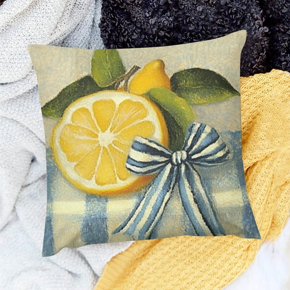 Creowell Lemon Bow Tablecloth Square Cushion Cover for Home Sofa 20x20in