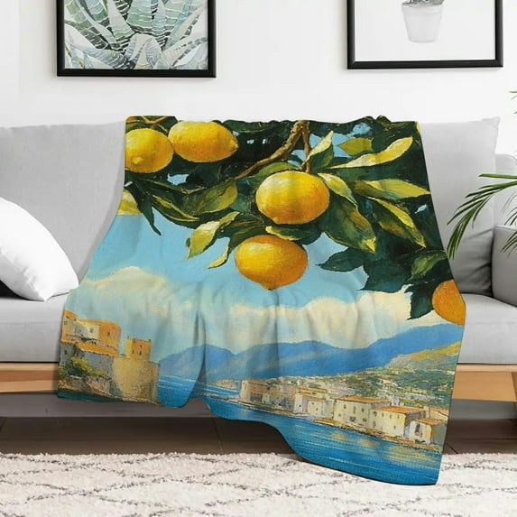 Creowell Lemon Tree Town Ocean Flannel Blanket for Couch Bed Sofa 30x40in