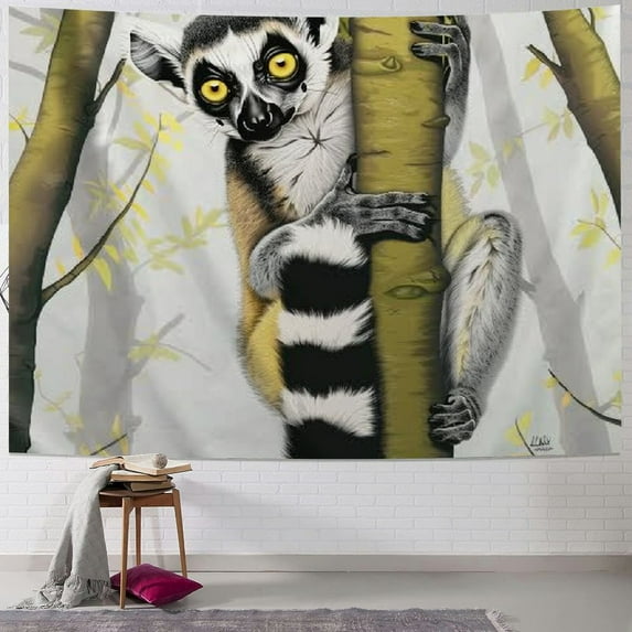 Creowell Lemur Tapestry, Exotic Wild Monkey Ring Tailed Hugging on Branch Cartoon, Fabric Wall Hanging Decor for Bedroom Living Room Dorm Painting