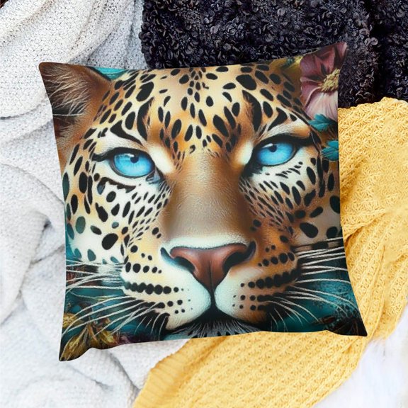 Creowell Leopard Blue Eyes Flowers Indoor Decorative Pillow Cover 18x18in