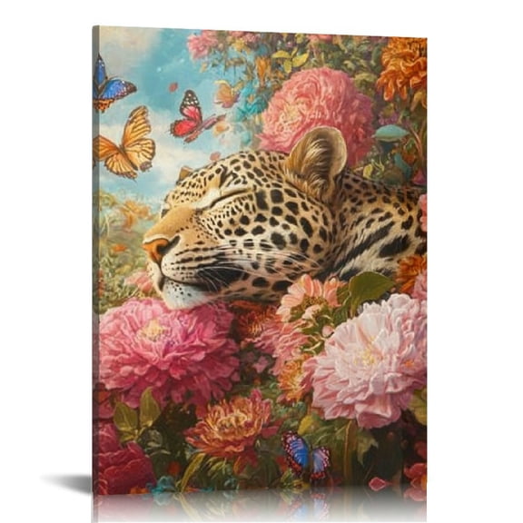 Creowell Leopard Flowers Butterflies Wall Art Canvas Ready to Hang Home Decor Living Room Bathroom Bedroom Office 12x16in