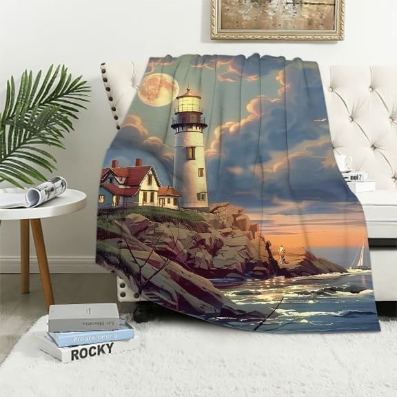 Creowell Lighthouse Island Full Moon Print Flannel Throw Blanket, Soft Plush Blanket for All Seasons, Hand/Machine Washable 60x80in