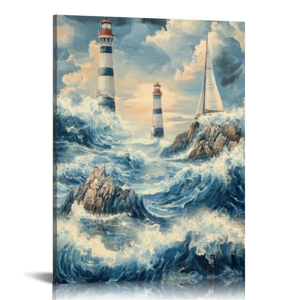 Creowell Lighthouse Waves Sailboats Canvas Print Wall Decor for Bathroom Living Room Bedroom ...