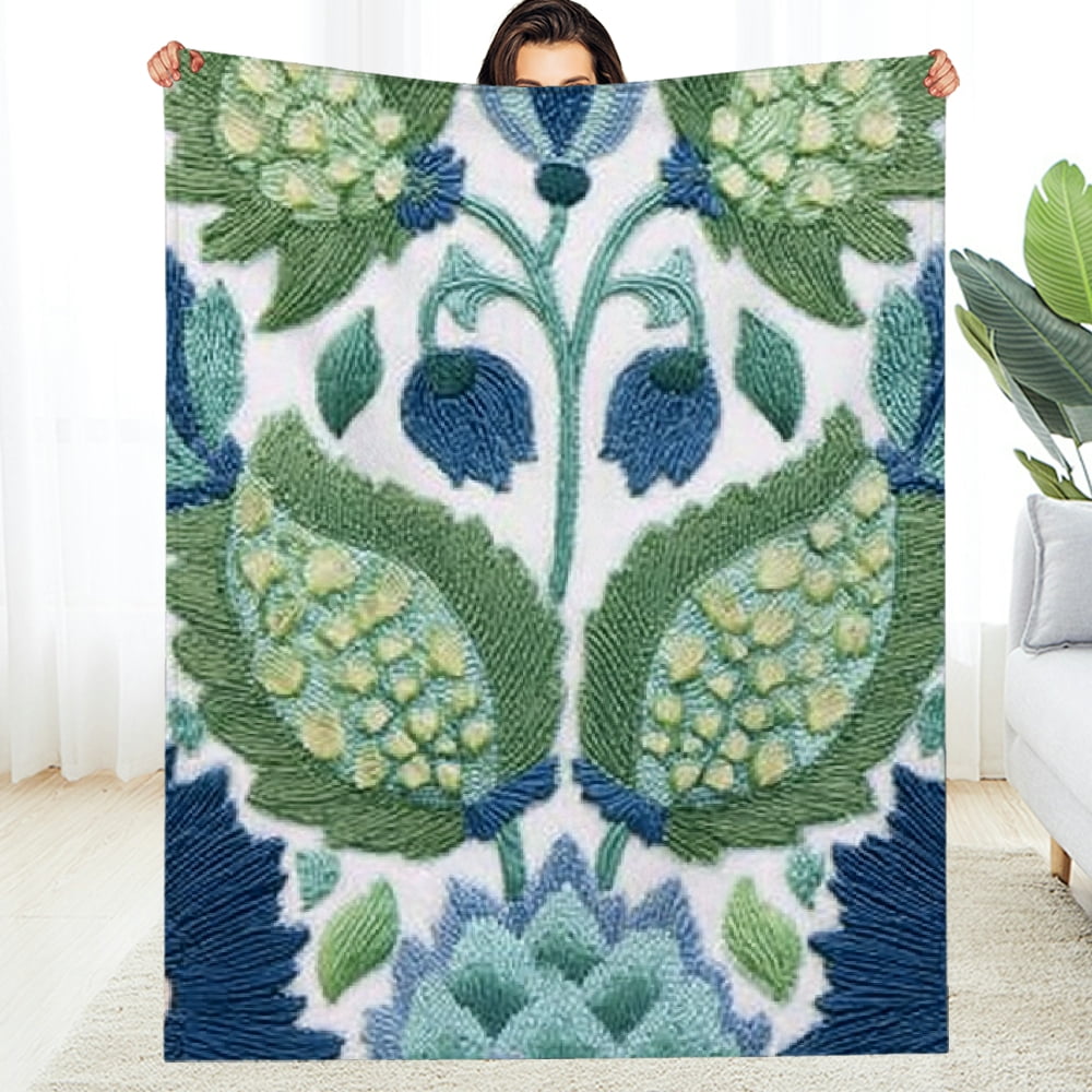 Creowell Lightweight Flannel Blanket Blue Green Leaves Design All-Season 60*80in