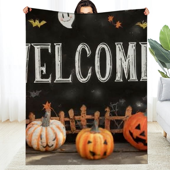 Creowell Lightweight Flannel Blanket Welcome Sign Pumpkins Jack-O-Lanterns 60*80in