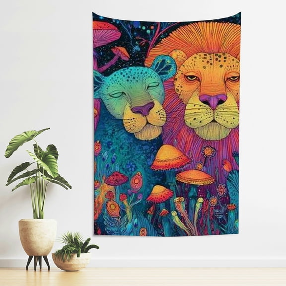 Creowell Lions Mushrooms Psychedelic Print Tapestry Wall Decor 40*60in