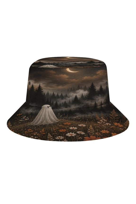 Lonely Ghost Wildflower Meadow Pine Forest Crescent Moon Bucket Hat, Soft, Printed, Packable Fisherman Sun Hat for Beach Travel Hiking Vacation, Sun Hat for Women Men, One Size