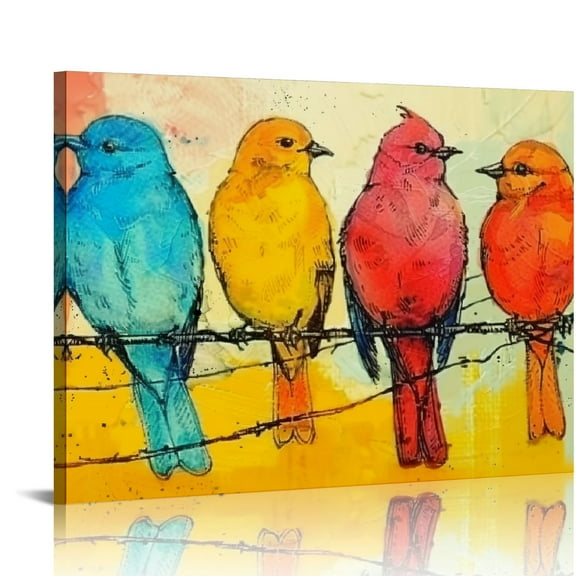 Creowell  Loomarte Bird Pictures Wall Decor Five Singing Birds Painting Canvas Print Artwork Abstract Painting Walls Art for Home Bathroom Bedroom Kitchen Living Room Ready to Hang 20x16in