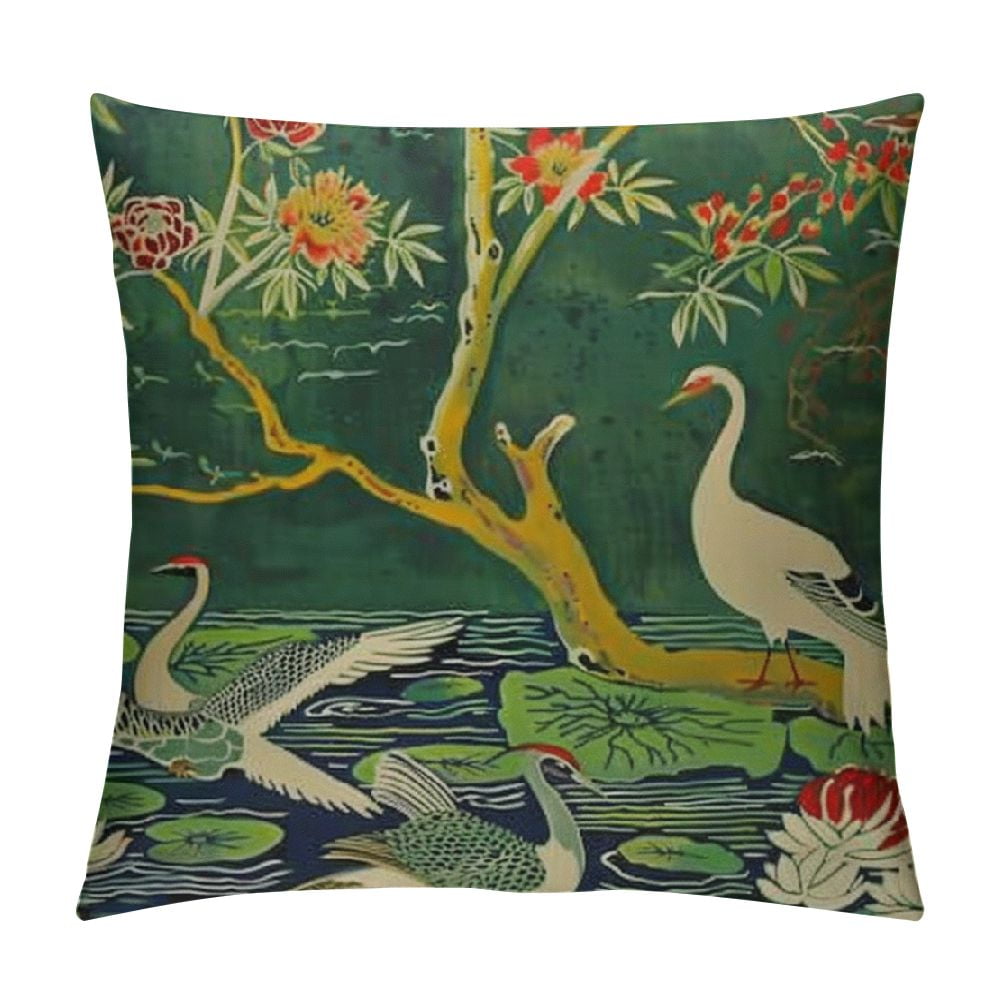 Creowell Lotus Floral Gardens Duck Chinoiserie Style Pillow Case Green