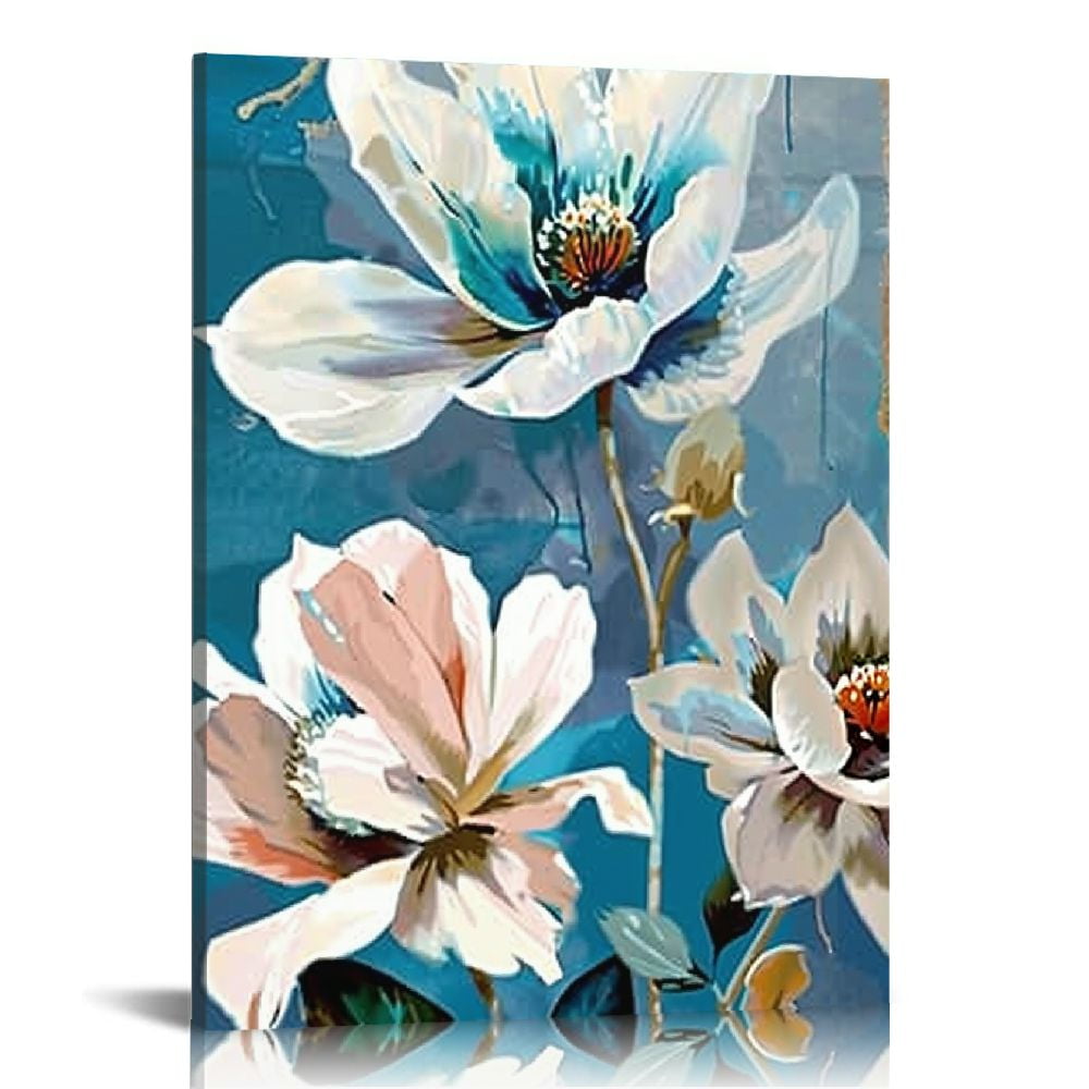 Creowell Lotus Flower Canvas Wall Art for Living Room Blue Floral ...