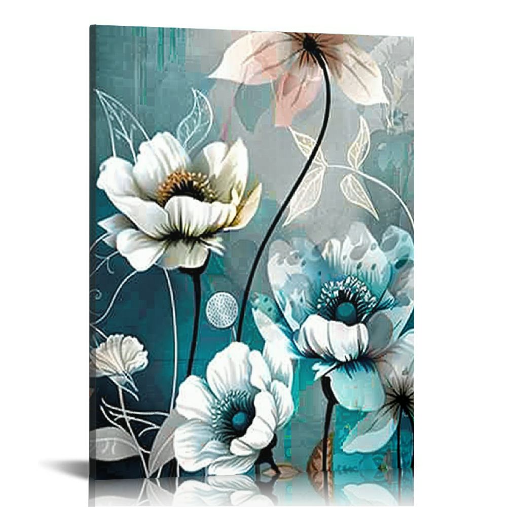 Creowell Lotus Flower Canvas Wall Art for Living Room White and Indigo ...