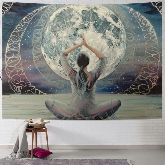 Creowell Mandala Tapestry, Pastel Scene with a Lady Doing Yoga Phases of the Moon Folk Lotus Art, Fabric Wall Hanging Decor for Bedroom Living Room Dorm 60x50inch