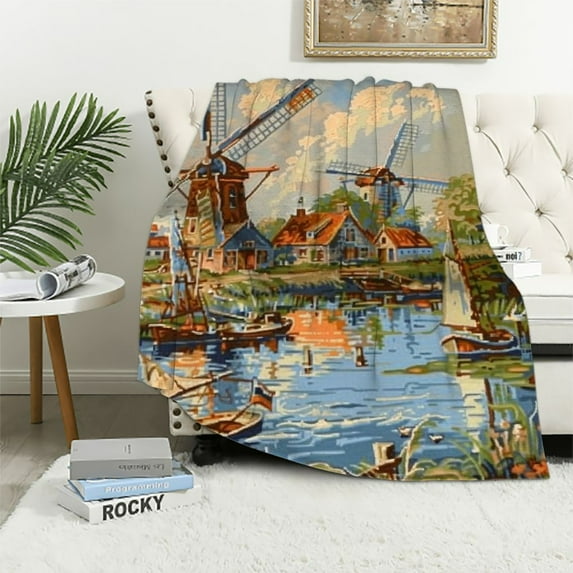 Creowell Map of Netherlands Blanket Dutch Landmarks Holland Food Windmill Blue Yellow Throw Blanket Decor Cozy Warm for Home Bedroom Sofa Office White