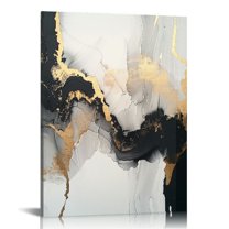 Creowell Marble Canvas Wall Art, Abstract Gold Fluid Art Painting, Black and White Poster Prints Pictures for Bedroom Home Decor Framed Ready to Hang 16x20 in / 12x16 in