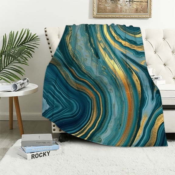Creowell Marble Swirl Pattern Gold Accents Print Throw Blanket for Bed Couch Car Lightweight All Seasons Excellent Hand Feel 60x80in