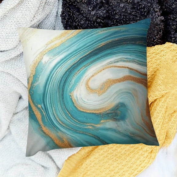 Creowell  Marble Texture Turquoise and Gold Silver Decorative Throw Pillow Covers Luxury Abstract Fluid Art Ink Soft Pillow Case Square Cushion Covers for Couch Sofa 18x18in