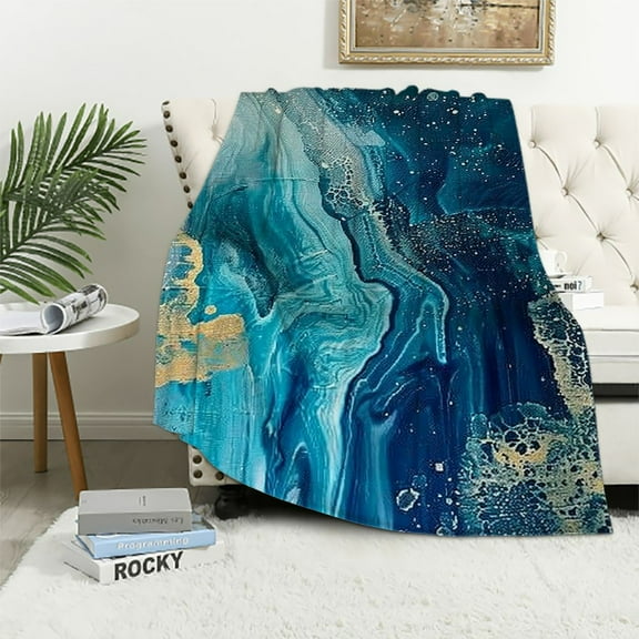 Creowell Marble Throw Blanket Throw,Teal Blue Marble Blanket Lightweight,Teal Gold Liquid Printed Flannel Blanket Living Room Decor,Turquoise Blanket All Season 50x60in