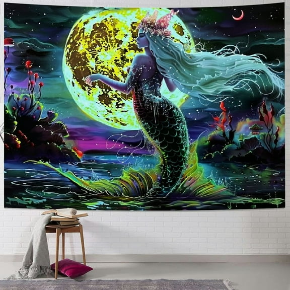 Creowell  Mermaid Moon Tapestry Fantasy Galaxy Space Jellyfish Tapestry Mountain Ocean Wave Tapestries Tapestry Wall Hanging for Room 40x30inch