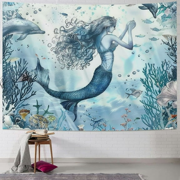Creowell  Mermaid Tapestry, Sea Ocean Octopus Coral Reef Fish Seashell Jellyfish Theme Teal and Blue Sea Ocean Tapestry for Bedroom Living Room Dorm, Panels  40x30inch
