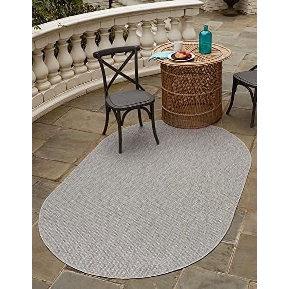 outdoor solid collection rug – 5' x 8' oval light gray flatweave rug perfect for living rooms, large dining rooms, open floorplans