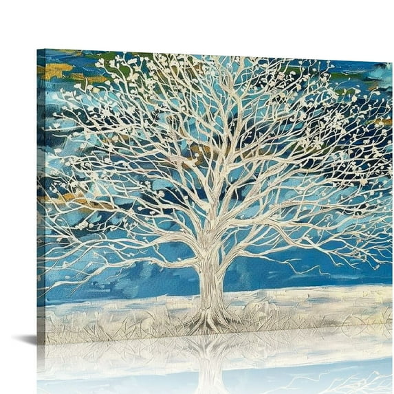 Creowell Modern Tree Canvas Wall Art Teal Blue and White Pictures Abstract Decor 20x16 in/16x12 in Landscape Oil Painting Artwork with for Living Room Bedroom
