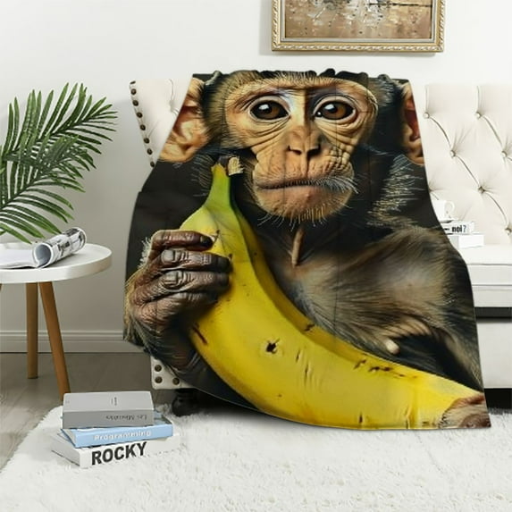 Creowell Monkey Blanket Super Soft Cozy Monkey Banana Throw Blankets Lightweight Animal Bedding Monkey Stuff Blanket Gifts for Men Women Kids Girls Boys Bed Decor 50x60in