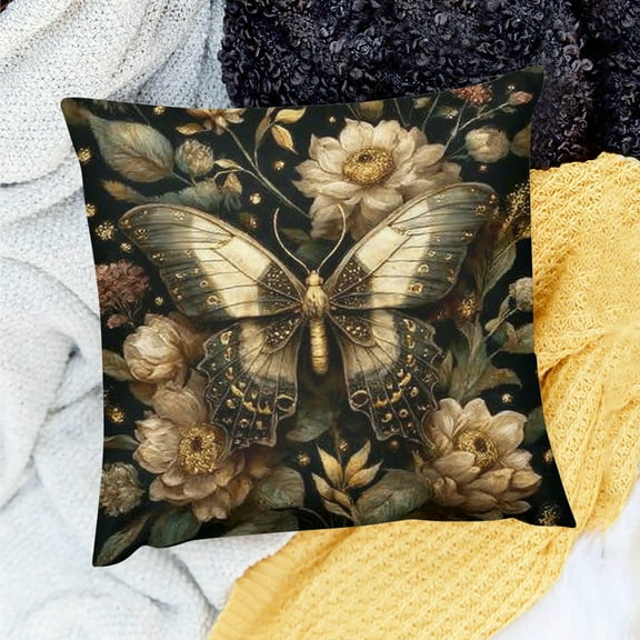 Creowell Moody Gothic Floral Butterfly Pillow Covers   Butterfly Room Home Decor, Dark Cottagecore Flower Rustic Botanical Moth Decorative Throw Pillow Covers 18x18in