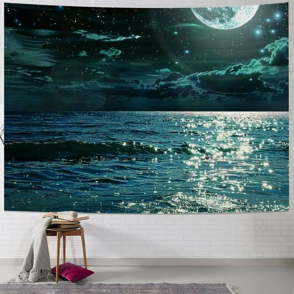 Creowell  Moon Over Ocean Tapestry, Night Sky Tapestry Wall Hanging, 3D Fantasy Psychedelic Watercolor Tapestry Wall Art for Bedroom Living Room Dorm Home Decor 40x30inch