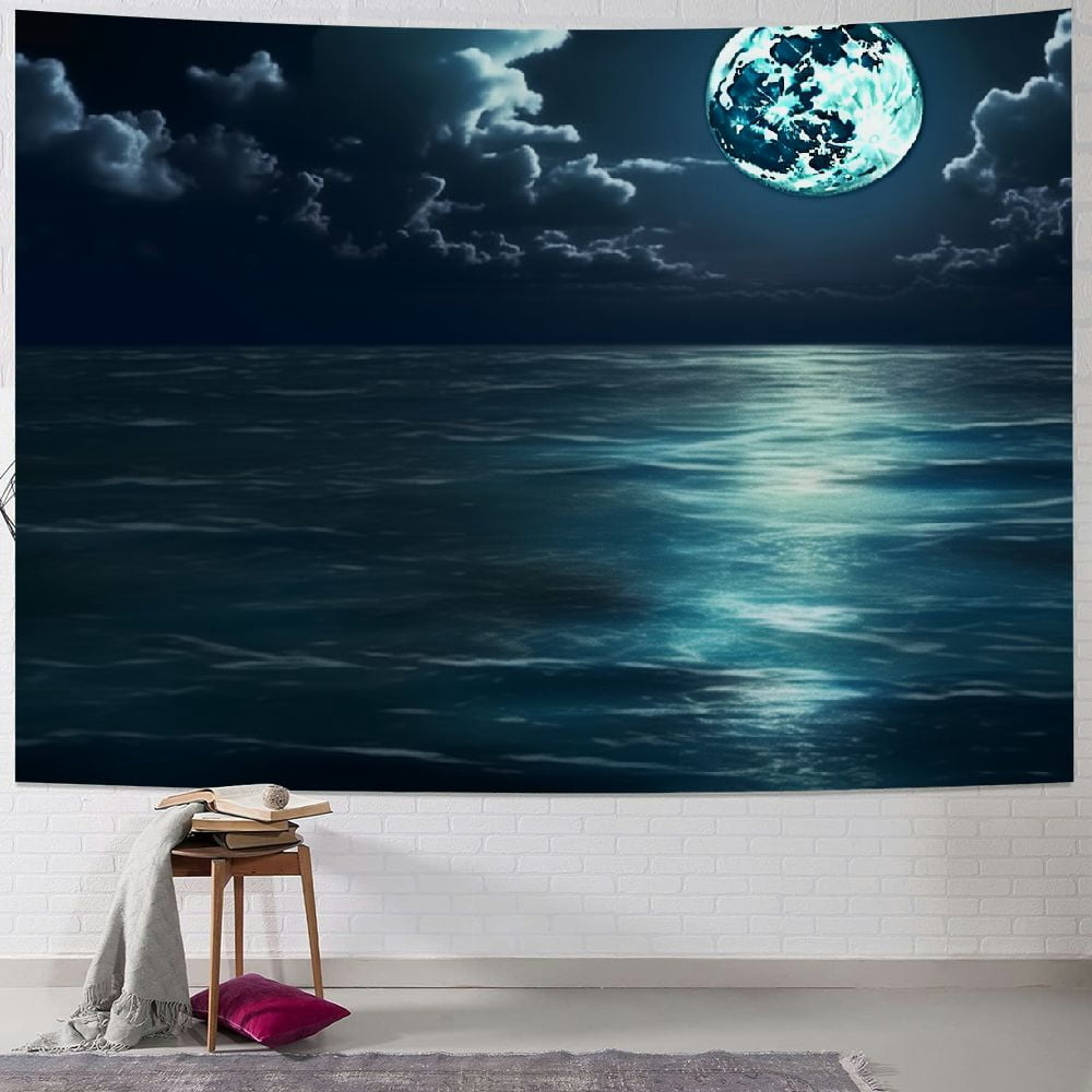 Creowell Moon Over Ocean Tapestry, Night Sky Tapestry Wall Hanging, 3D ...