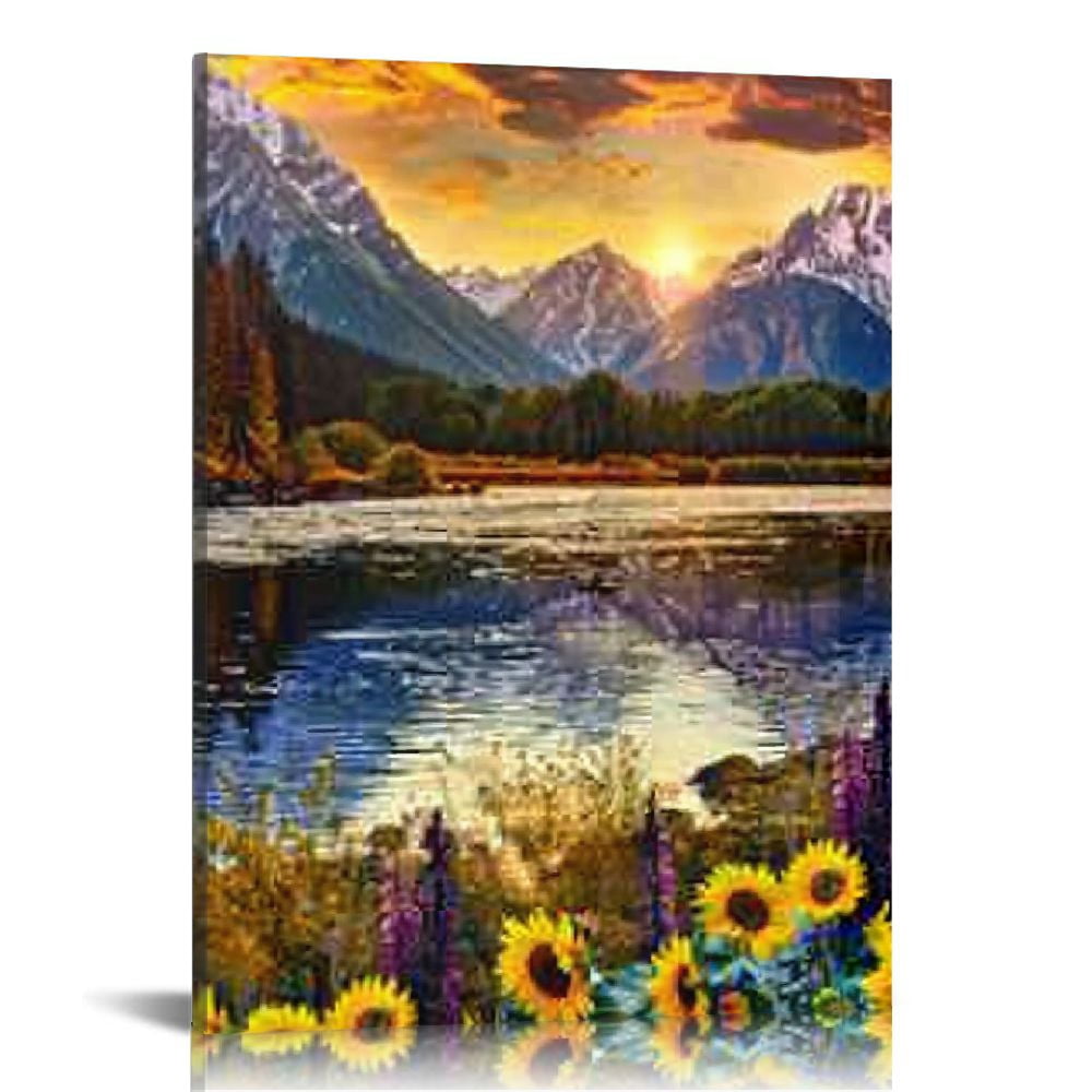 Creowell Mountain Canvas Wall Art for Living Room Picture Sunflower ...